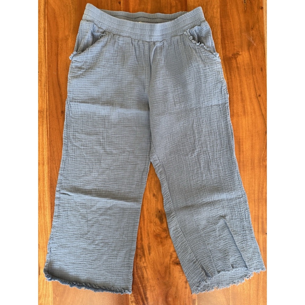 Women's Blue Capri Pants Umgee Size M 100% Cotton Elastic Waist